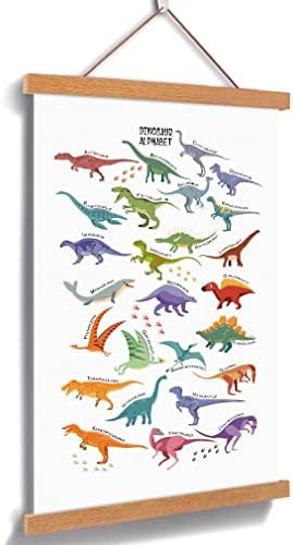 Creative Dinosaur Magnetic Natural Wood Hanger Frame Poster ,Canvas Animal Dinosaur Alphabet Painting 28X45cm Wall Hanging Art Print for Kids Room Classroom Nursery Decor