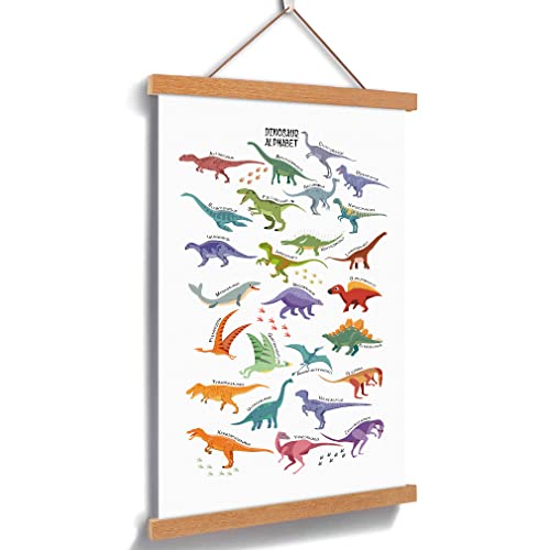 Creativo dinosaurio magnético de madera natural con marco de percha, lienzo con diseño de dinosaurio y alfabeto de 28x45 cm, para colgar en la pared, aula, guardería Cover