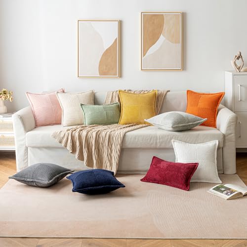 Image of MIULEE Fall Orange Decorative Throw Pillow Covers for Couch Bed Livingroom 20x20 Inch Set of 2 Boho Accent Throw Pllows Broadside Striped Patchwork Soft Corduroy Pillowcases