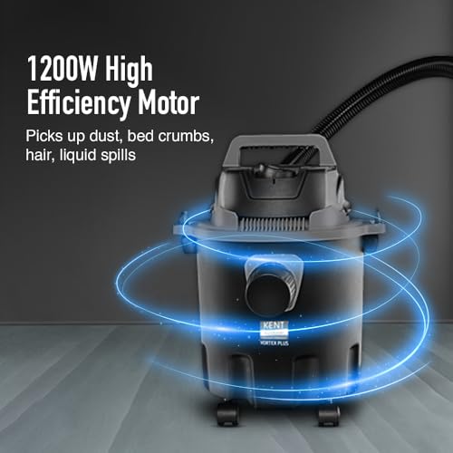 Image of KENT Vortex Plus Wet & Dry Vacuum Cleaner | Blower Function | 1200W Power & 12L Capacity | High Suction 17 kPa | Cyclone5 Technology | HEPA Filter | ABS Body & Rubberised Wheels | Black & Grey