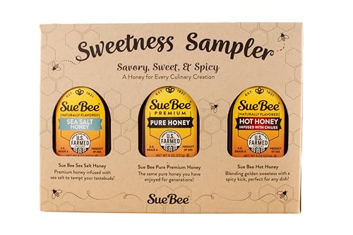 Sue Bee® Sweetness Sampler – 3 Pack Honey Gift Set | Original, Hot & Sea Salt | Pure U.S. Farmed Certified | Gourmet Gift Set for Foodies, Cooking, Tea, Charcuterie & Holiday Gifting 8 Ounce (Pack of 3)