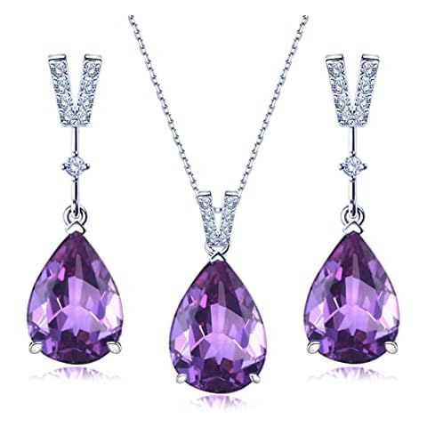JIANGXIN 18"~20" Teardrop shape Created Amethyst 925 Sterling Silver Pendant Necklace Drop Earrings Jewelry Set for Women v shape Cover
