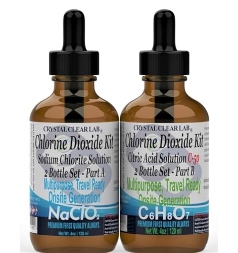 Crystal Clear Lab CDS Chlorine Dioxide w/Citric Acid 8oz Glass CDS Solution Set 3000 PPM ClO2