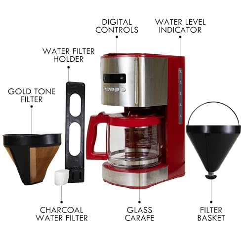 Image of Kenmore Drip Coffee Maker - Programmable Cafe Machine With Glass Pot, Regular & Bold Brew, Auto Shut Off Large Water Reservoir, Reusable Filter, Kitchen Appliances For Cafeteria Barista, 12 Cup Red