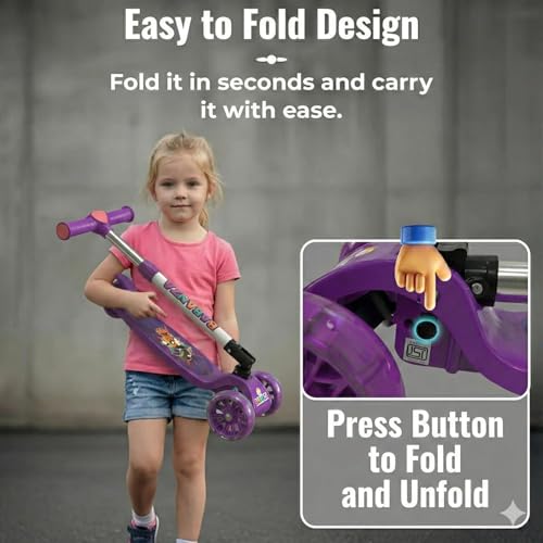 Image of Pixi Turbo Kick Scooter 24mm Wheels | Skate Cycle for Kids with LED Flashing Wheels | Adjustable Height | Foldable | Age 3 to 10 Years | PU Wheels | Max User Weight 50 kgs | Color - Purple