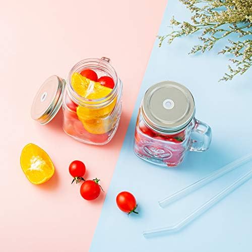 Vintage Glass Jar With Lids 500ML Mason Jar with Reusable Straw Set of 4 Storage Jars Glass Mugs with Handle for Drinking Preserving Breakfast, Oats, Snack, Smoothie