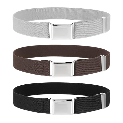 Bremorou Toddler Boy Belt Set Kids Elastic Adjustable Stretch Belt With Silver Square Buckle For Boys Girl Children Pants Uniform Jeans Causal (Black, Silver Gray, Coffee)
