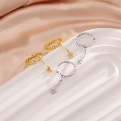 CZ Star Moon Chain Promise Statement Ring for Women Silver Gold Plated Dainty Crystal Starless Crescent Tassel Dangle Drop Open Wrap Finger Rings Adjustable Comfort Fit Fashion Wedding Jewelry4
