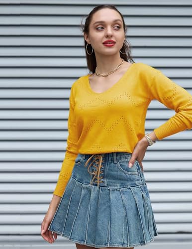 Image of Zeagoo Womens Sweaters Fall Trendy Casual Long Sleeve Shirt Lightweight V Neck Off Shoulder Crochet Pullover Top Outfit