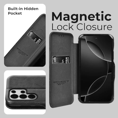 Image of PULOKA Premium Vegan Leather Phone Cover with Card Slot - Compatible with Samsung Galaxy S25 Ultra - Sleek Flip Case, Slim, Durable, Privacy Protection, Kickstand Function (Black)