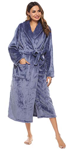 Vlazom Bata Mujer Invierno Polar Bata de Casa Señora Larga Albornoz Mujer Invierno con Cinturón (Azul,S)