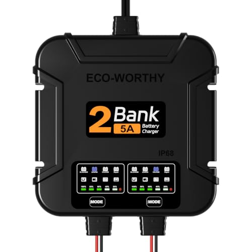 ECO-Worthy 2 Bank Marine Battery Charger 10A (5A/Bank) IP68 Waterproof 12V Charger & Maintainer for Boat RV Car Lead-Acid LiFePO4 & Calcium Battery Desulfator