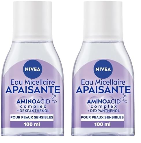 NIVEA Eau Micellaire APAISANTE Peaux Sensibles Mini Format (2 x 100 ml), démaquillant enrichi aux micelles et acides animés sans parfum, nettoyant visage...