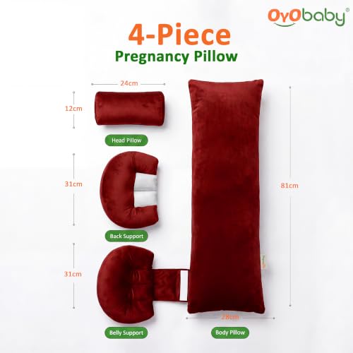 Image of OYO BABY Full Body Support Pillow for Pregnancy | Plush Velvet 4-Piece Maternity Set | Maternity Pillow Bundle | Adjustable Butterfly Design for Back, Belly, Hip and Leg Pain Relief - Maroon