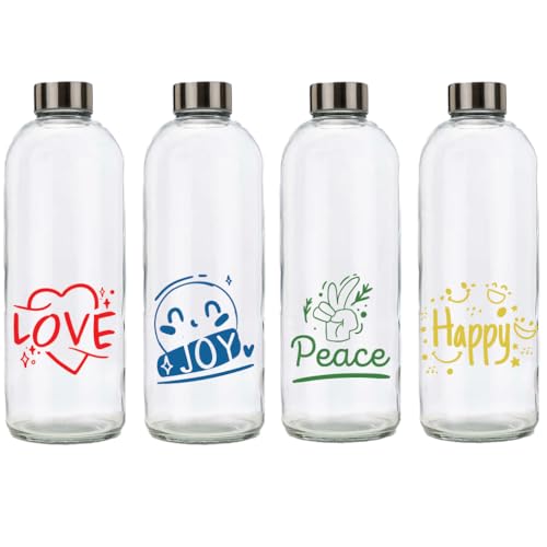 BrandPrint Bouteille Verre Eau 1L Eos - Lot de 4 Love Joy Peace Happy