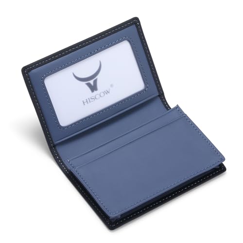 Image of HISCOW Full Grain Leather Business Card Holder Case | Minimalist EDC wallet, gusset holds 25 cards, ID window, fits folded bills, bifold profile, premium gifts for men & women