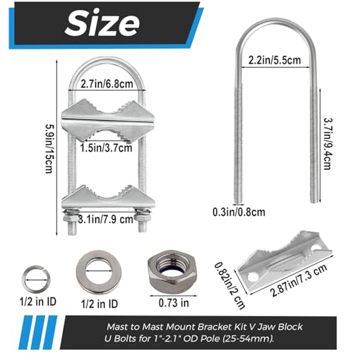 Double Antenna Mast Clamp, Antenna Mount Bracket Kit V Jaw Block with U Bolts for 1\"-2.1\" OD Pole, Heavy Duty Pole Clamps for Outdoor Ham, CB, TV, Pipe, Flag Post, Umbrella, Parasols (2 Sets) - Thumbnail 3