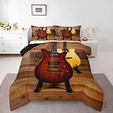 Erosebridal Conjunto de edredom King com guitarra elétrica, vintage, loja de guitarra, marrom, listrado, retrô, estilo fazenda, decoração de quarto de músico