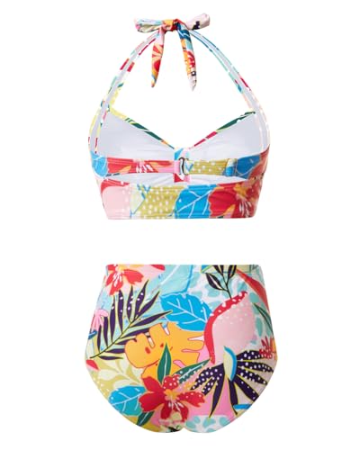 Holipick Floral Women High Waisted Bikini Set Two Piece Swimsuit Tummy Control Bathing Suit Vintage Halter Swimwear3