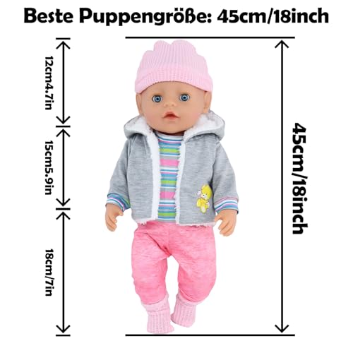 Baby Puppen Puppenkleidung 35-43 cm 1 graue Jacke + 1 gestreifter Pullover + 1 Strickmütze + 1 Paar Socken, Kleidung Outfits für Baby Kinder Mädchen Jungen (Puppe Nicht enthalten)
