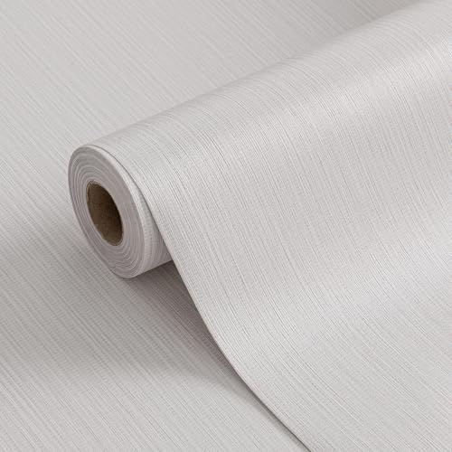 FUKU MON White Gray Grasscloth Fabric Wallpaper 23.6" X 393" Thick Classic Neutral Grassweave Contact Paper for Walls Cabinets Bedroom Counter Top Liners Fireplace