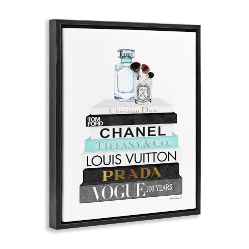 Image of Stupell Industries 'Bookstack with Beauty Brushes', Floating Frame Canvas Art, Black, 17 x 21 Inches, Easy to Hang and Sturdy, Made in USA, by Amanda Greenwood