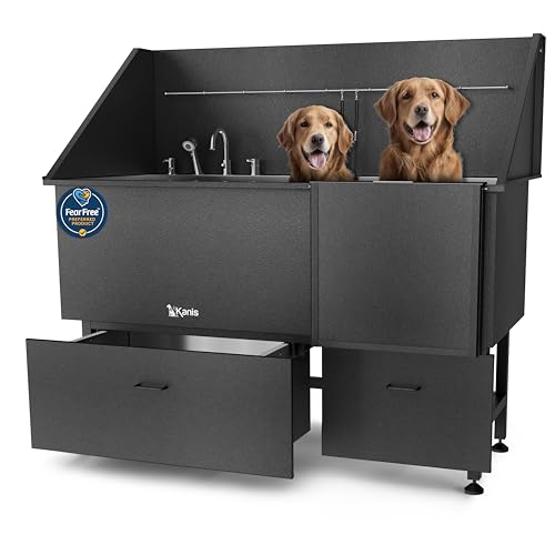 KANIS Professional Dog Washing Station 304 Stainless Steel Pet Wash Sink & Grooming Bathtub w/Shower, Floor Grates and Storage for Large, Medium & Small Pets (Black, 61 Inches, Right Ramp, 2 Drawers)