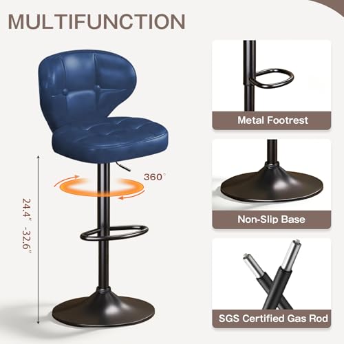 Image of Modern Bar Stools Set of 2, Adjustable Swivel Upholstered Full-Back Counter Height Bar Chairs for Kitchen Island, Dining Room, Bar Blue