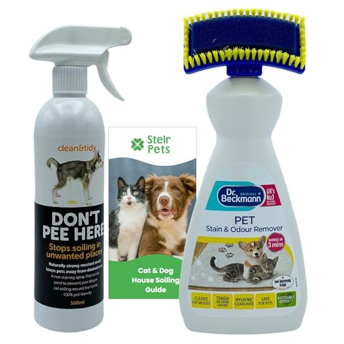 Image of Dr Beckmann Pet Stain and Odour Remover Bundle with Sharples Don’t Pee Here Deterrent Spray for Dogs and Cats and Stelr Pets House Soiling Guide