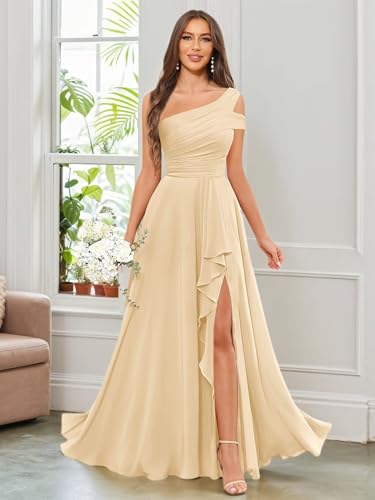 PAVERJER Bridesmaid Dresses for Women with Slit Chiffon Long One Shoulder Ruffles Ruched A-Line Formal Dress4