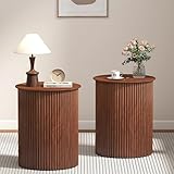 AVZEAR Small Round Side Table Fluted Night Stand Set of 2, 17.7' Mid Century Modern End Table, Circle Bedside Tables Wood Nightstands for Small Spaces, Living Room, Bedroom (Rustic Walnut)