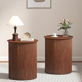 AVZEAR Small Round Side Table Fluted Night Stand Set of 2, 17.7″ Mid Century Modern End Table, Circle Bedside Tables Wood Nightstands for Small Spaces, Living Room, Bedroom (Rustic Walnut)