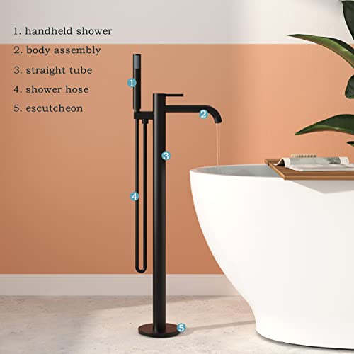 Ferdy Floor Mount Tub Filler, Single Handle Freestanding Bathtub Faucet With Handheld Shower &Tub Filler Rough-In Valve, Matte Black #TOP4