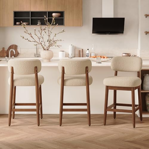 Image of Counter Height Bar Stools Set of 3, Mid-Century Modern Boucle Bar Chairs with Solid Wood Frame, Fluffy Upholstered Stools with Backrest for Kitchen Island, Home Bar, Oatmeal