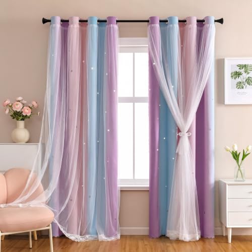 SENEETO Star Cutout Blackout Curtains, Pink Purple Blue, W52 x L84 Inch