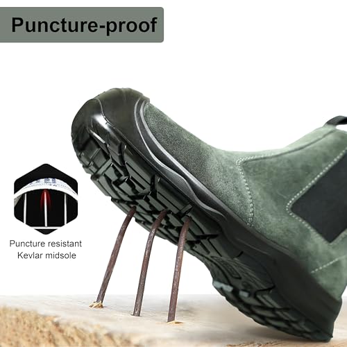 Men‘s Women’s 6in Mid-top Steel Toe Work Boots, Slip-On Chelsea Style, Tumbled Leather Uppers, Non-Slip Outsoles, Toe Protection, No Lace (Gray)4