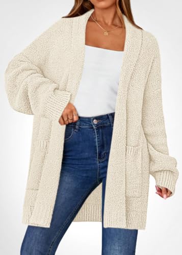 KIRUNDO Womens Long Chunky Fuzzy Knit Cardigan 2026 Fall(Beige, S) — view 3