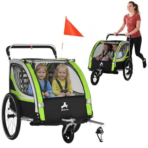 Aosom Baby Bike Trailer for Kids 2 Seater 3-in-1 Walk/Jog/Ride Wagon Green