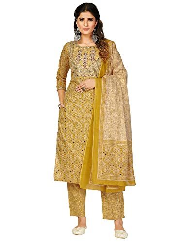 Image of Vbuyz Women's Printed & Embellished & Mirror Work Straight Cotton Stitched Kurta set | Straight Kurta Pant Dupatta | Kurta Set with Dupatta for Women | Suit Set | Ethnic Set | Printed Kurta Set