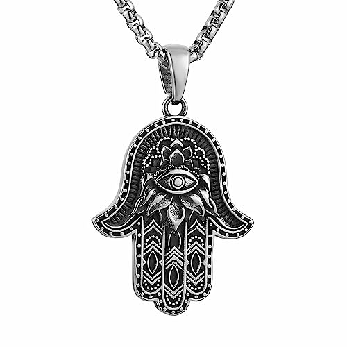 AsAlways Stainless Steel Hand of Fatima Pendant Vintage Amulet Charm Relief Carving Evil Eye Hamsa Hand Necklace Religious Gifts