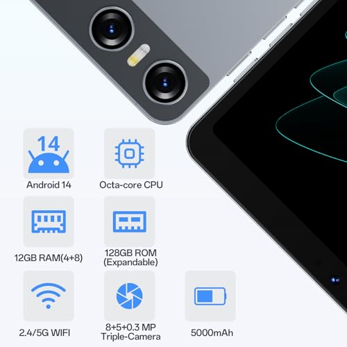 Image of Tablets Android 14, 8.7-Inch Tablet, Octa-core Processor 12 GB RAM 128 GB Storage(Expandable), 1340x800 IPS Touchscreen, Type-c 5000 mAh Battery, 2.4 /5 GHz WiFi, BT 5.0