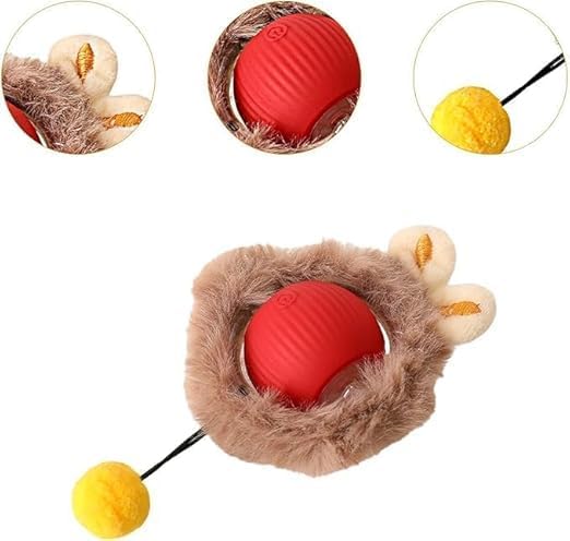 Interactive Cat Toy with Plush Cover, Red Rubber Ball and Yellow Pom Pom, Pet Entertainment Wand image 3