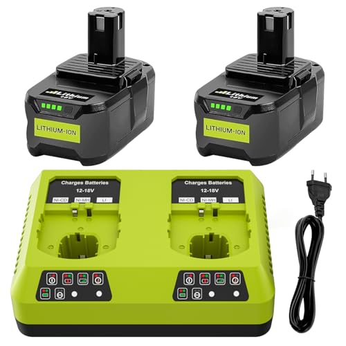 Lot de 2 Batteries 5500mAh Rechange pour Ryobi 18V et Double Port Chargeur Compatibles avec Ryobi P108 P107 P104 P105 P102 P103 RB18L40 RB18L25 RB18L15 RB18L13