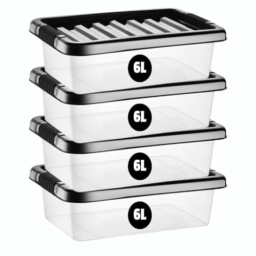 Image of eMKay® Pack of 4 Plastic 6 Litre Storage Boxes – Black Lid | Compact & Stackable | Durable Plastic with Clip Lock | Ideal for Home, Office & Garage Organisation