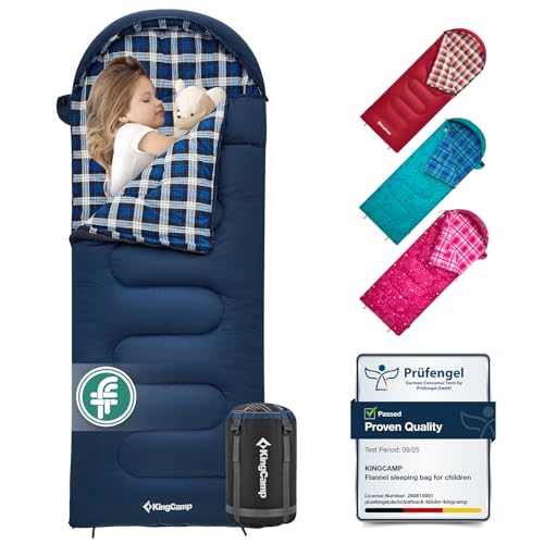KingCamp Saco de Dormir Niños Franela de Algodón | 170 X 70 cm | 7℃ a -13 ℃ | Cálido y Cómodo para Niñas(Altura máxima hasta 145 cm) | Invierno Camping Accesorios, Viajes y Actividades