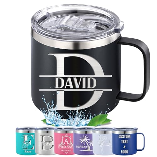 Taza aislada personalizada con logotipo, nombre inicial, texto de 12 y 14 onzas, taza de acero inoxidable personalizada con tapa, vaso aislado al vacío de doble pared para café y té, estilo 02