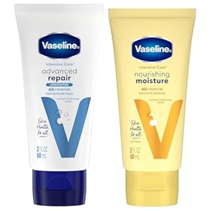 Vaseline Intensive Care Lotion Bundle – Advanced Repair Unscented Lotion & Nourishing Moisture Hand & Body for Extremely Dry Skin, 2 Oz Ea (2 Piece Set)