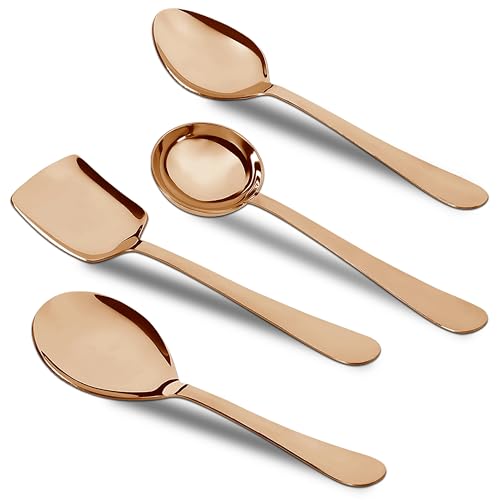 Parage 4 Pieces Stainless Steel Rose Gold Serving Spoons Set for Dining Table/Kitchen, 1.8 mm Heavy Gauge (1 Soup Ladle (Karchi), 1 Solid Spoon (Chamcha), 2 Rice/Serving Spoons), Rose Gold (Pack of 4)