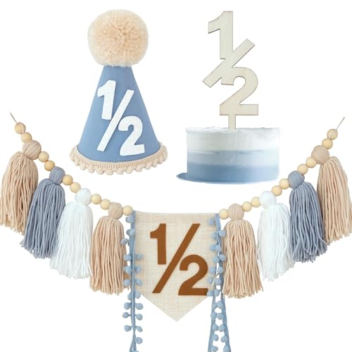 Ereniko Half Birthday Boy Decorations Blue 1/2 Birthday High Chair Banner With Cone Hat Half Cake Topper Half Way to One Decorations Kit for Baby Boy Happy 6 Month Party Photoshoot Props by Ereniko - Image 2