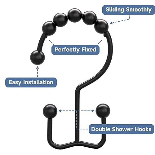 Titanker Shower Curtain Hooks Rings, Anti-Rust Metal Double Glide Shower Hooks for Bathroom Shower Rods Curtains, Set of 12 Hooks - Matte Black